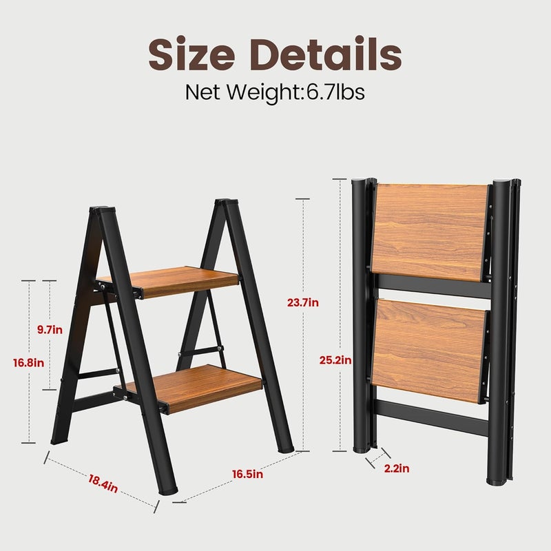 HBTower Step Ladder,Lightweight Aluminum Folding Step Stool with Anti-Slip Wide Pedal,330lbs Capacity Step Ladder for Household,Kitchen,Office - BlackWoodgrain - Image 4